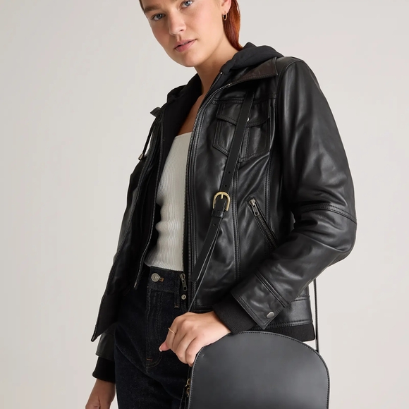 Quince Leather Jacket With Hood Black Medium Genuine Leather - Picture 10 of 12